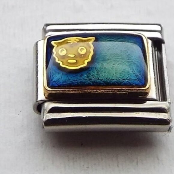 Yellow cat face on blue enamel 9mm stainless steel italian charm bracelet link - Picture 1 of 2